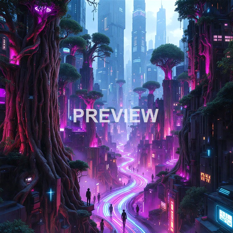 A futuristic cityscape with towering skyscrapers and giant trees with glowing purple and pink lights, illuminated by neon signs and light trails on a winding road filled with walking pedestrians.
